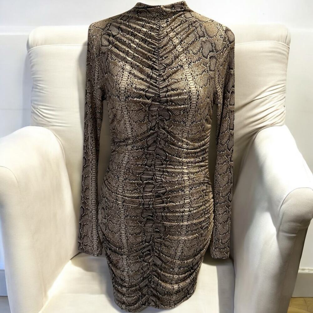 LA Luxe Women’s Beige Animal Print Long Sleeves Bodycon Mini Dress Size L NWOT